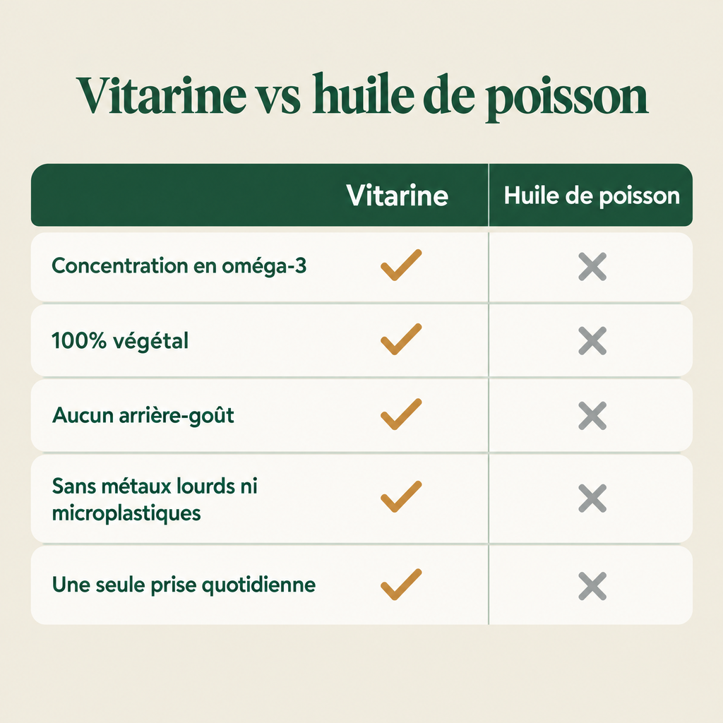 Vitarine comparé à l'huile de poisson — 100% végétal, aucun arrière-goût, sans métaux lourds