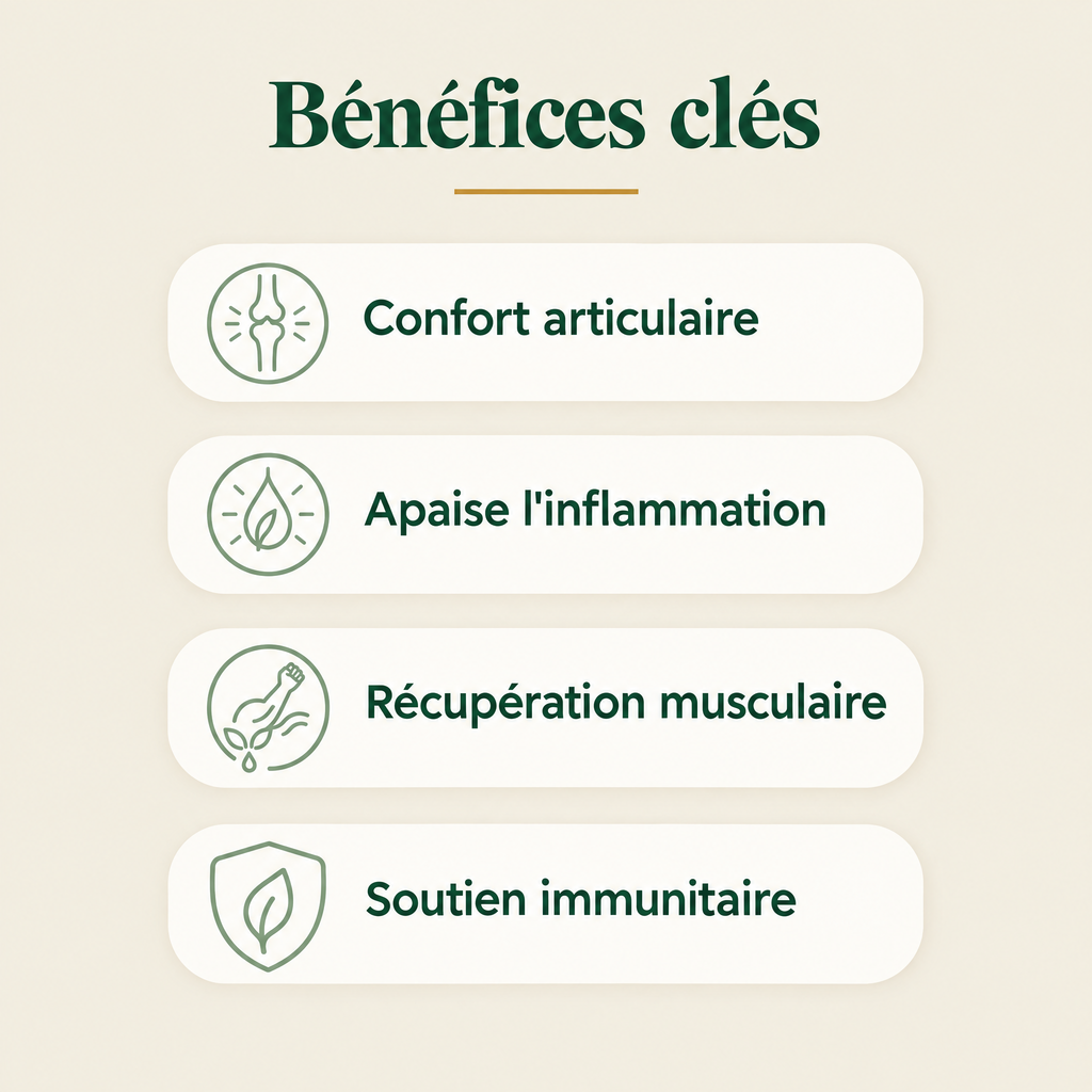 Bénéfices clés — confort articulaire, inflammation, récupération musculaire, soutien immunitaire