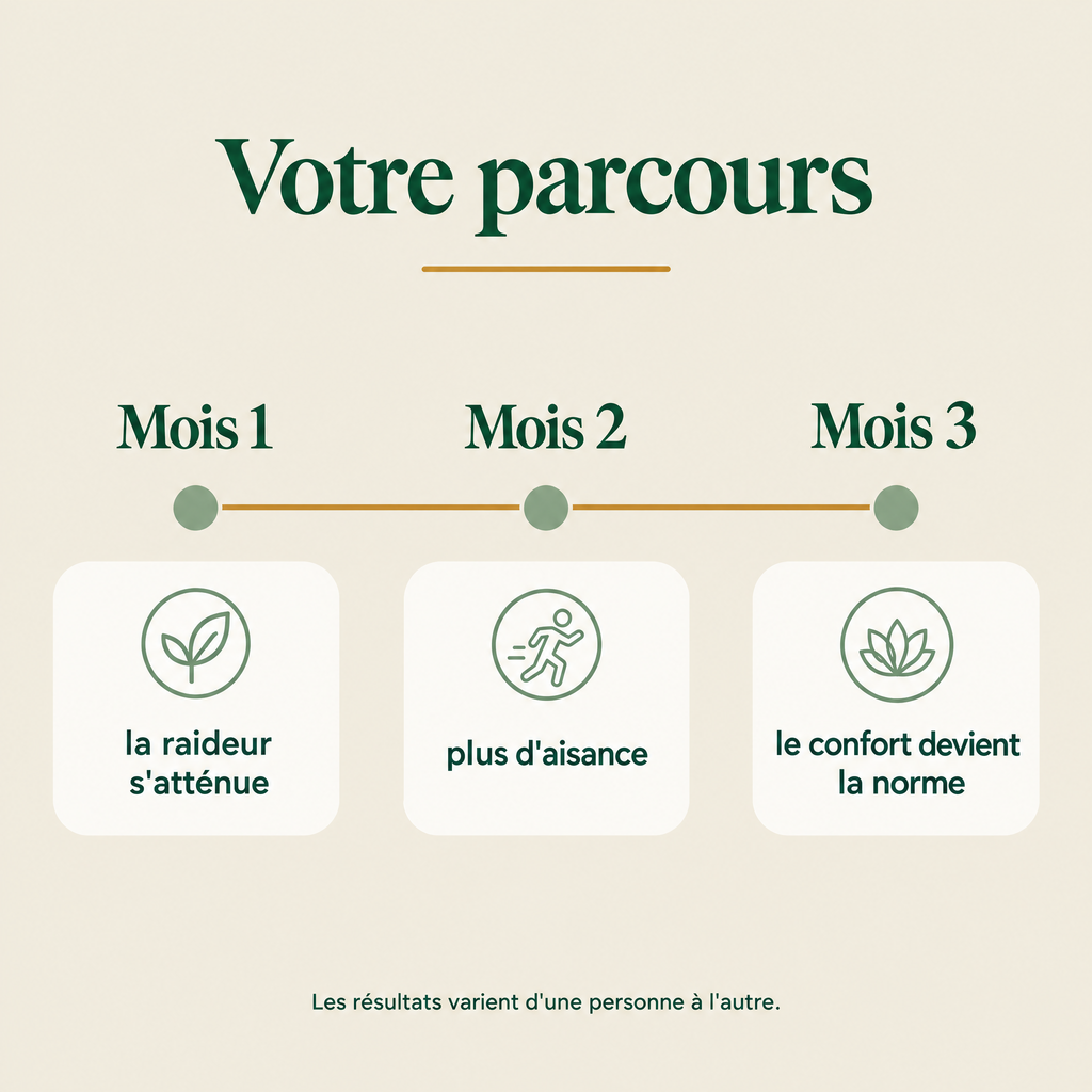 Votre parcours — mois 1 à mois 3, la raideur s'atténue et le confort devient la norme