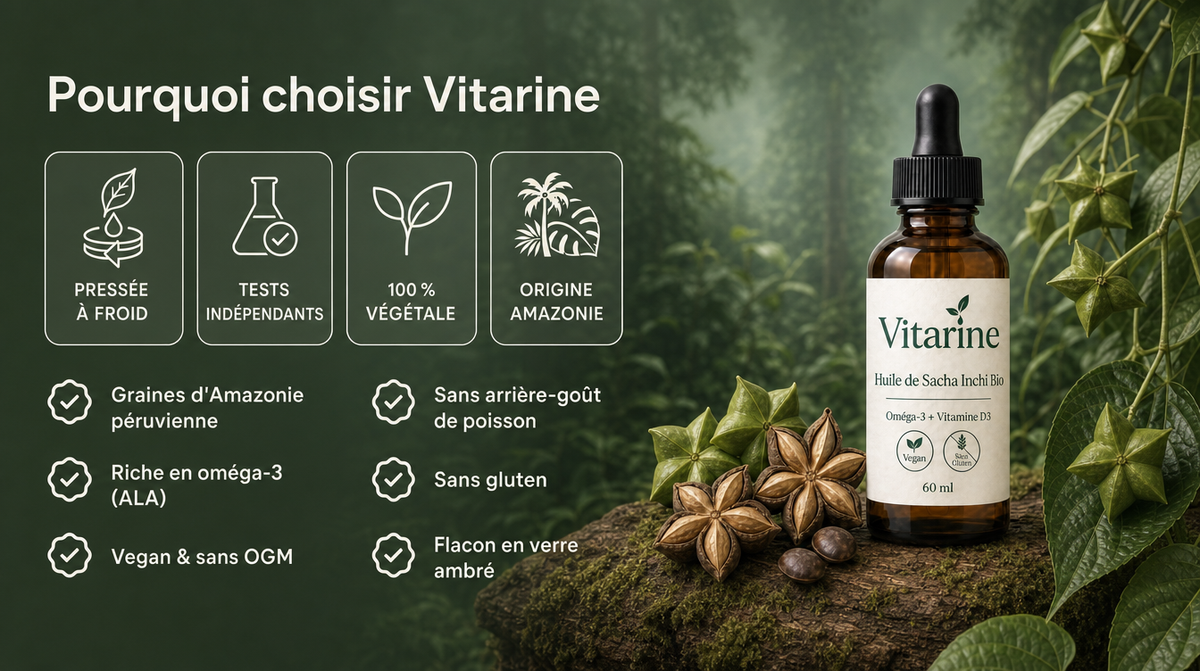 Pourquoi choisir Vitarine : pressée à froid, tests indépendants, 100 % végétale, origine Amazonie