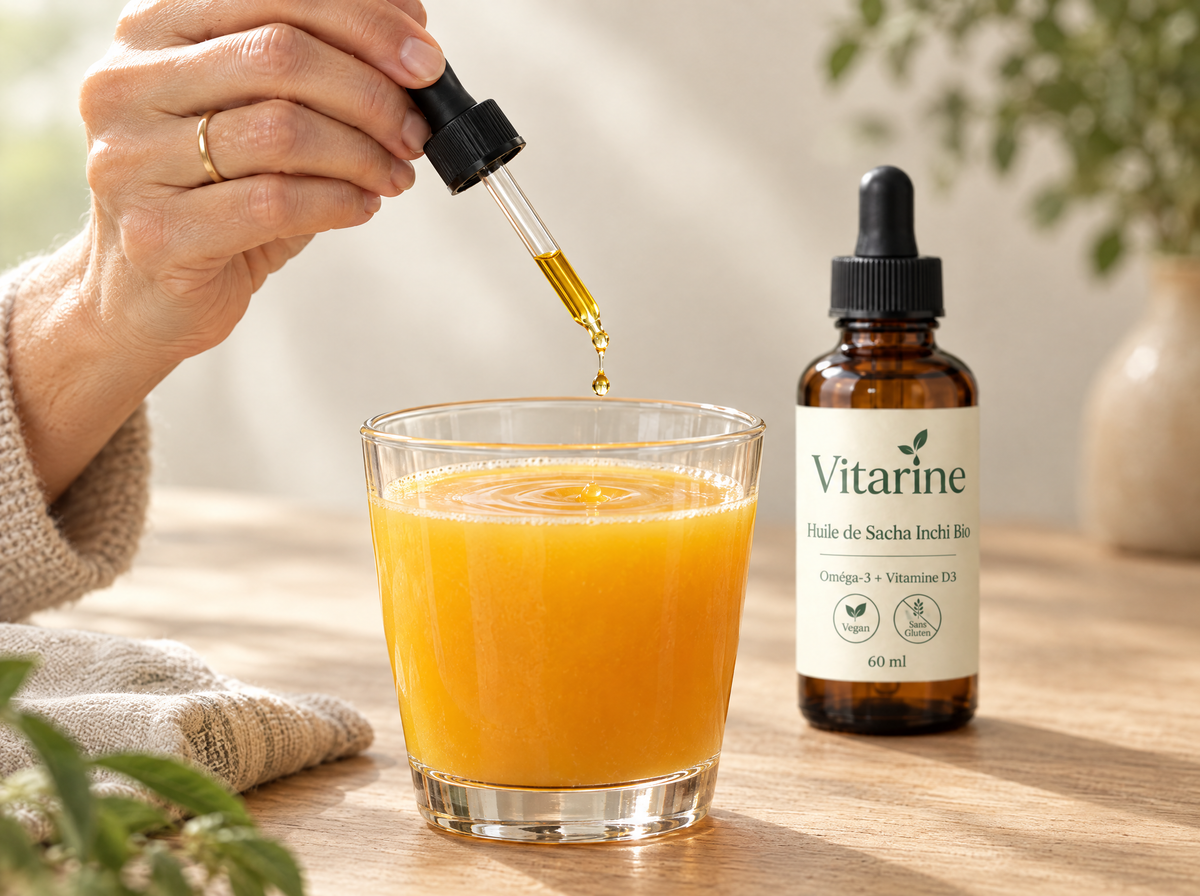 Pipette versant une goutte d'huile de Sacha Inchi dans un verre de jus